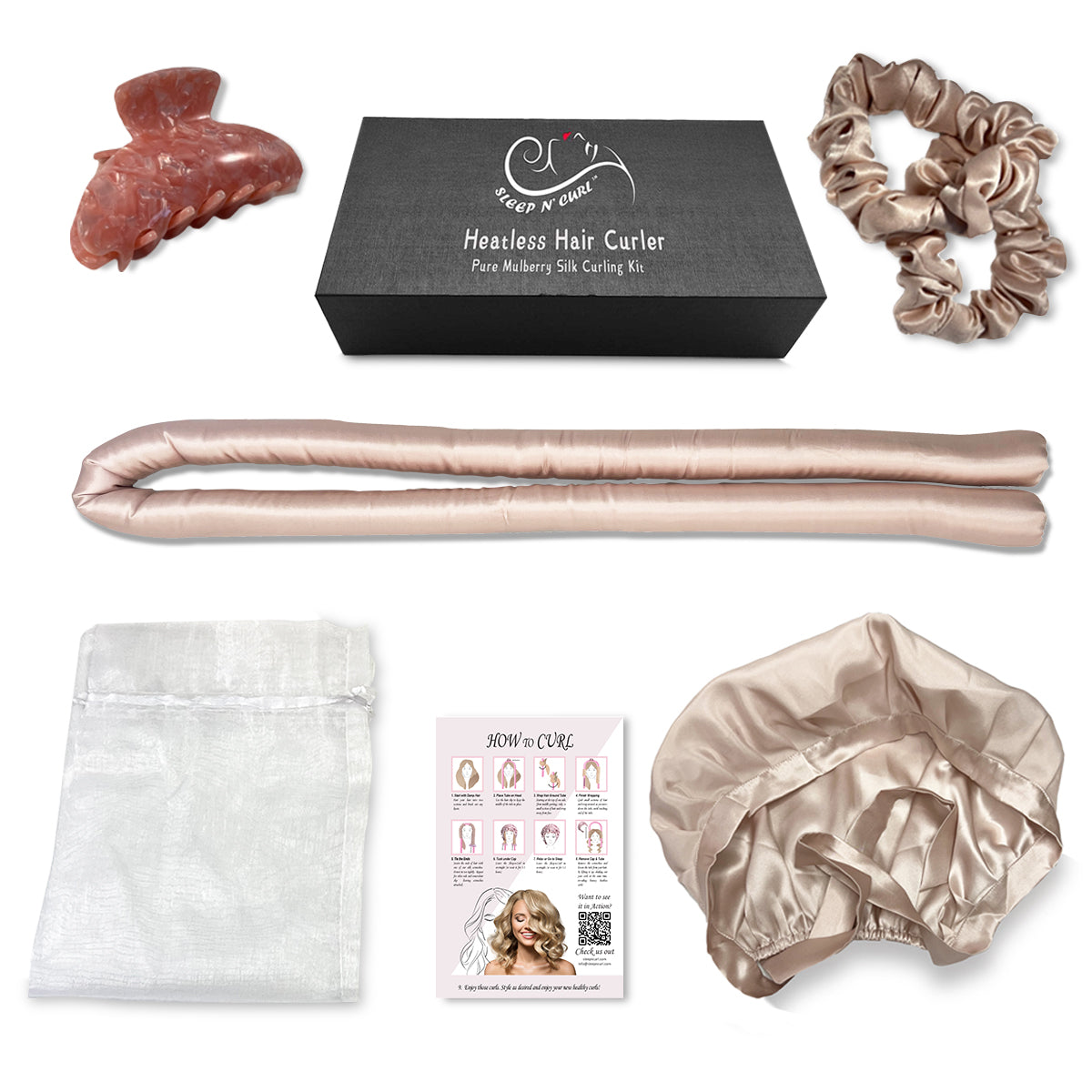 Photo showing the retail packed Sleep 'N Curl set with all included pieces
