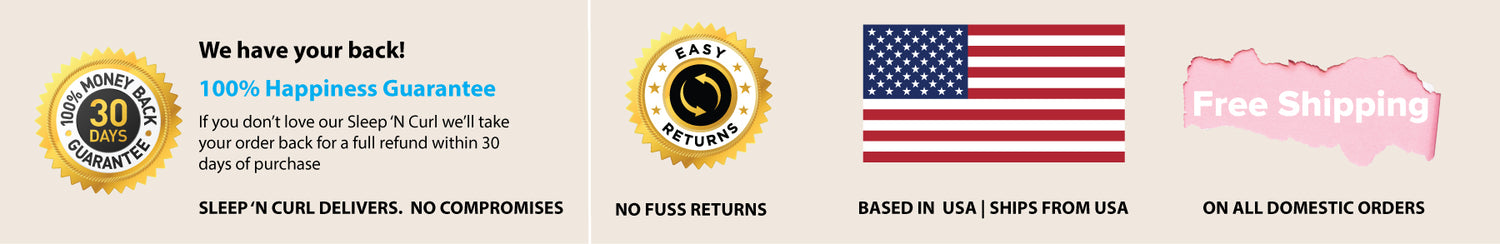 Banner showing the easy return policy and 100% satisfaction guarantee offered by Sleep 'N Curl for their heatless hair curler kit