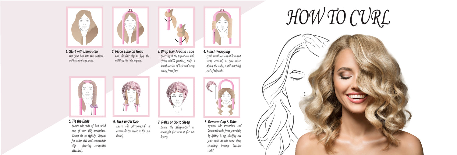 Photo show how to use the Sleep 'N Curl Heatless hair curling kit