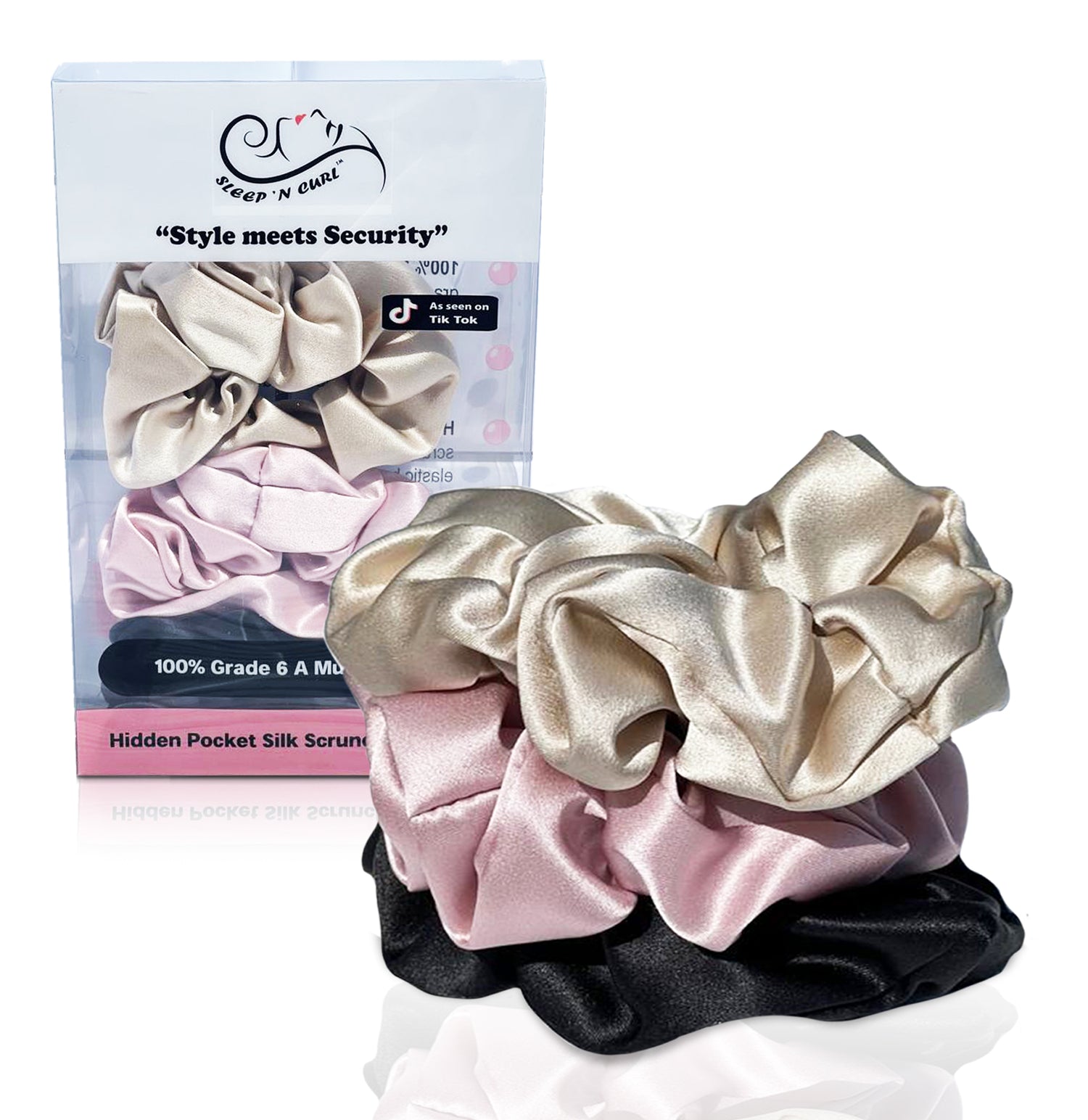 100% Pure Mulberry Silk HIDDEN POCKET Hair Tie Band Scrunchies for