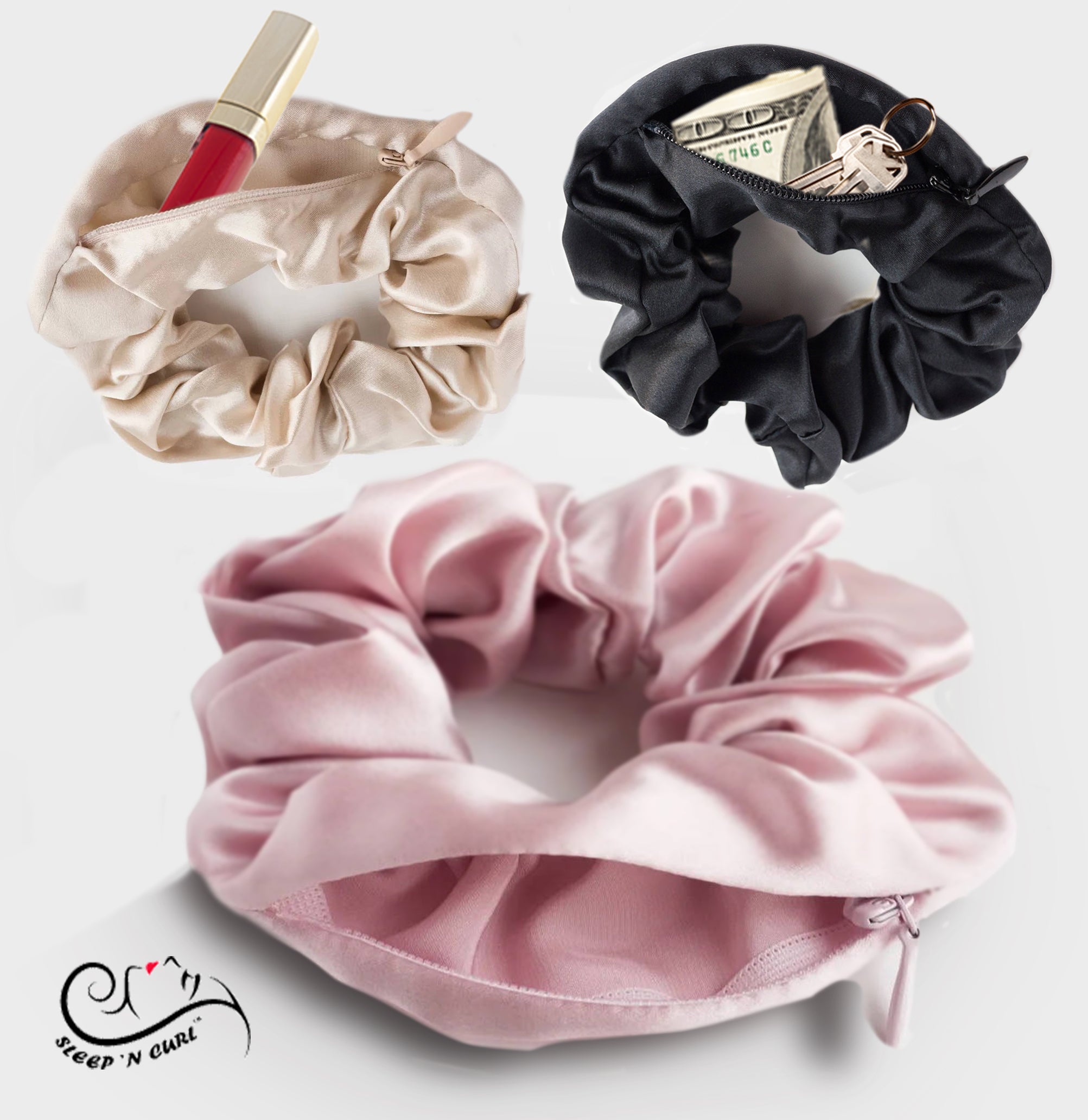 100% Pure Mulberry Silk HIDDEN POCKET Hair Tie Band Scrunchies for Women &amp; Girls (3-PACK) with SECRET STASH ZIPPER Pocket Storage for Keys, Money, &amp; Small Items (Pink, Tan &amp; Black) No Damage, No Kinks - By Sleep ‘N Curl