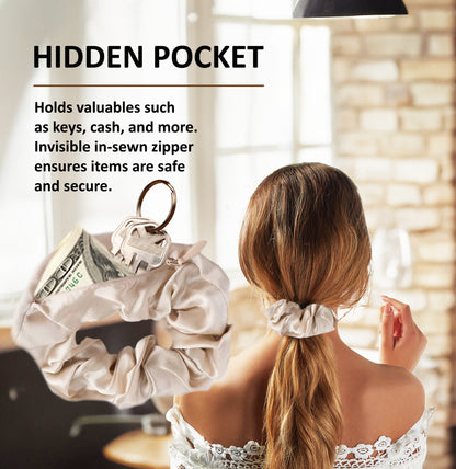 100% Pure Mulberry Silk HIDDEN POCKET Hair Tie Band Scrunchies for Women &amp; Girls (3-PACK) with SECRET STASH ZIPPER Pocket Storage for Keys, Money, &amp; Small Items (Pink, Tan &amp; Black) No Damage, No Kinks - By Sleep ‘N Curl