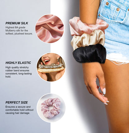 100% Pure Mulberry Silk HIDDEN POCKET Hair Tie Band Scrunchies for Women &amp; Girls (3-PACK) with SECRET STASH ZIPPER Pocket Storage for Keys, Money, &amp; Small Items (Pink, Tan &amp; Black) No Damage, No Kinks - By Sleep ‘N Curl