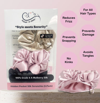 100% Pure Mulberry Silk HIDDEN POCKET Hair Tie Band Scrunchies for Women &amp; Girls (3-PACK) with SECRET STASH ZIPPER Pocket Storage for Keys, Money, &amp; Small Items (Pink, Tan &amp; Black) No Damage, No Kinks - By Sleep ‘N Curl