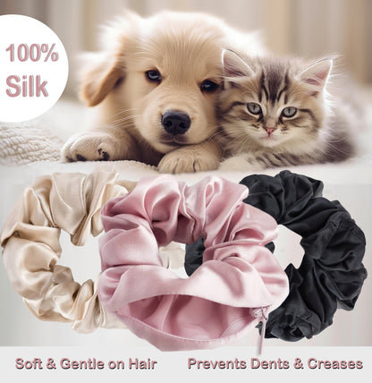 100% Pure Mulberry Silk HIDDEN POCKET Hair Tie Band Scrunchies for Women &amp; Girls (3-PACK) with SECRET STASH ZIPPER Pocket Storage for Keys, Money, &amp; Small Items (Pink, Tan &amp; Black) No Damage, No Kinks - By Sleep ‘N Curl